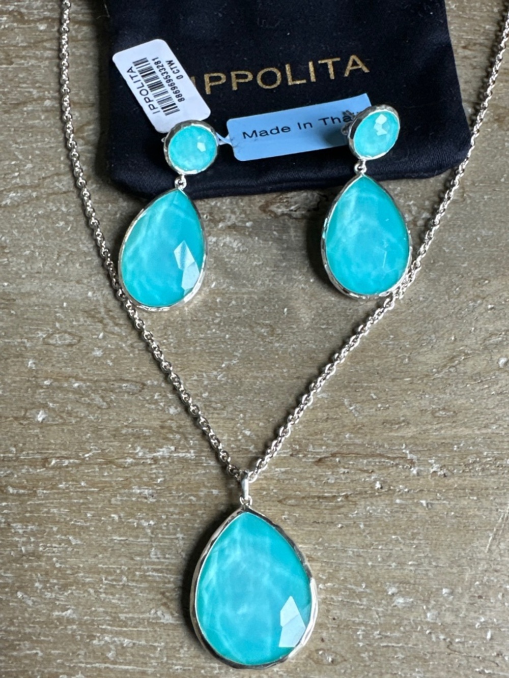 New NWT Ippolita Wonderland Harbor Blue Teardrop Earrings Necklace Set Silver